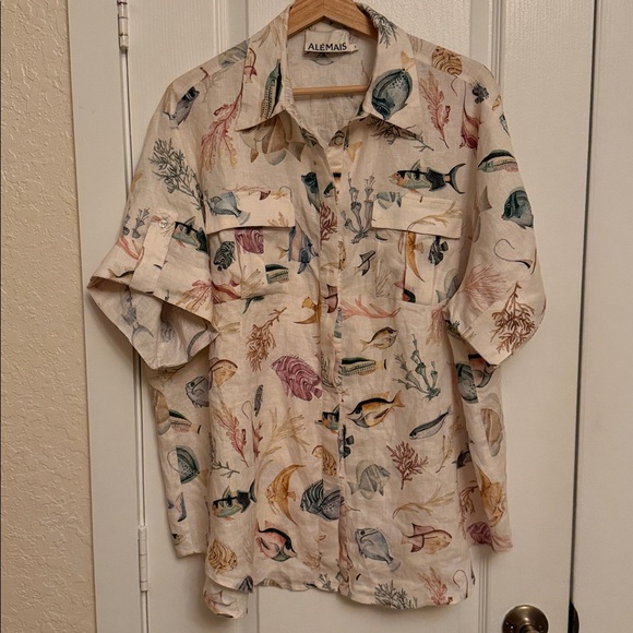 Alemais Top And Short Bottom Set Fish Sea Life Ocean Print Linen Button Down - Picture 10 of 15